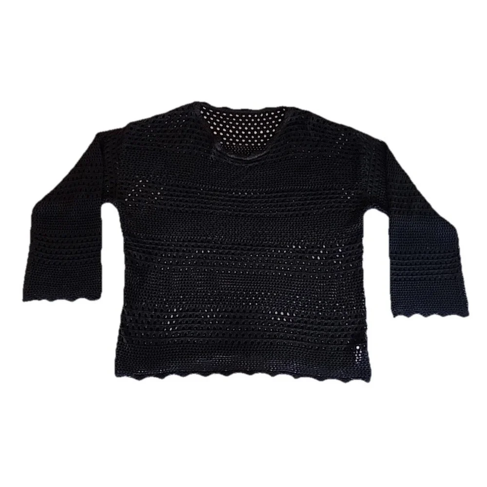 Cupshe Womens Black Open Knit Crochet Top XL Oversized Coverup Boho Resort Beach